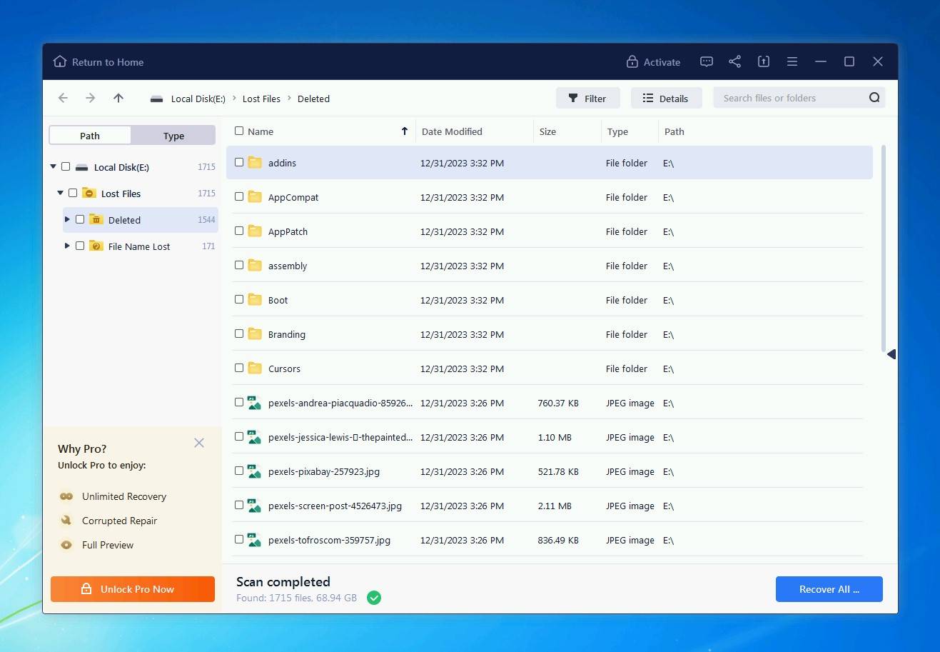 EaseUS data recovery user interface.