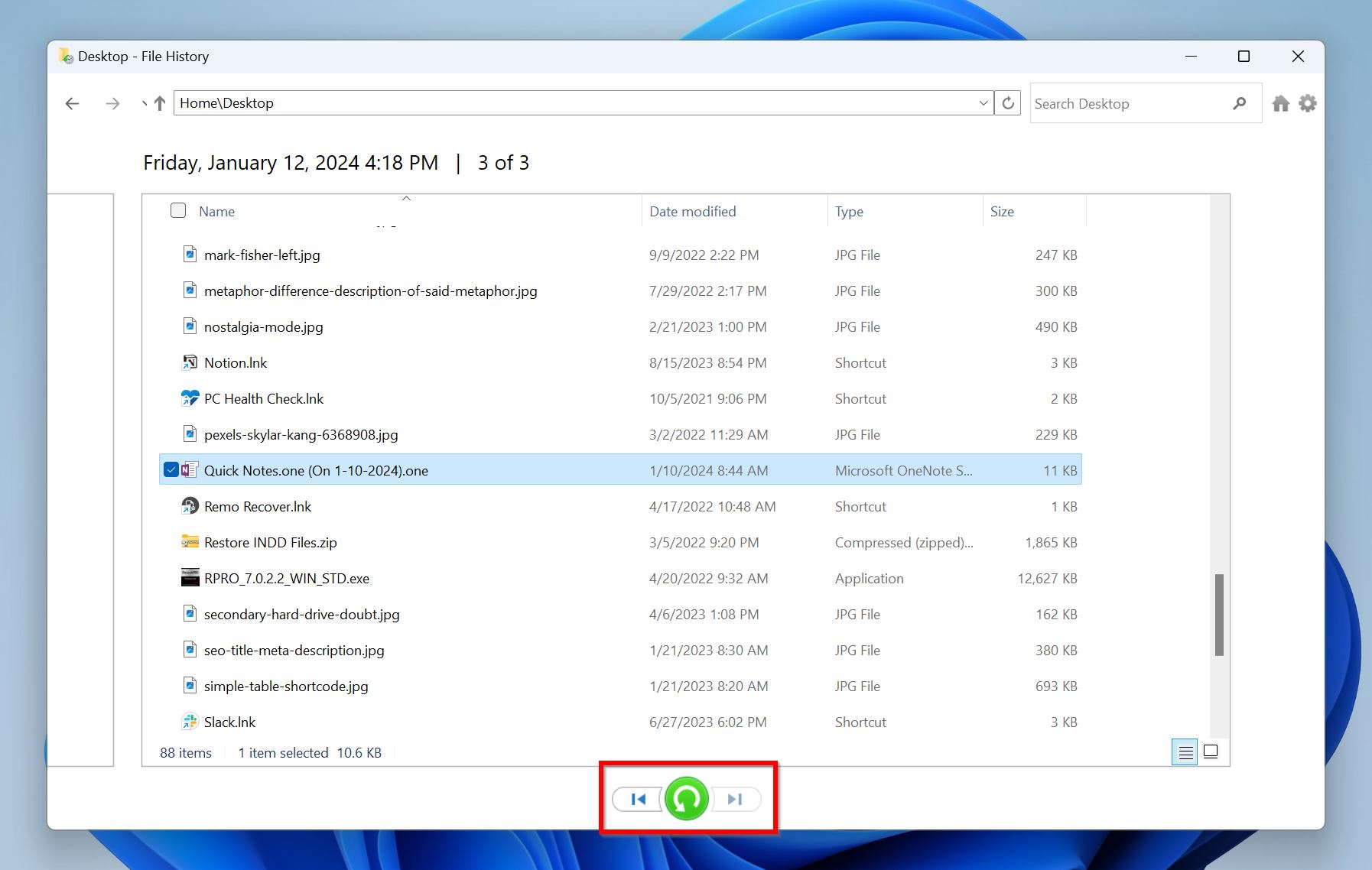  Windows File History list of files