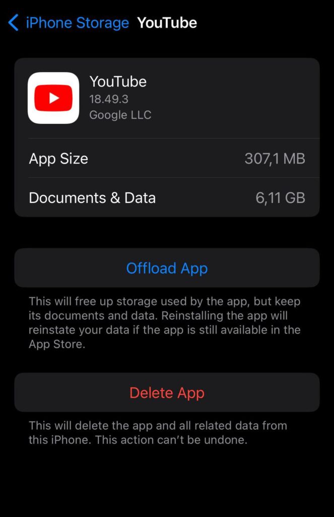 youtube stored data on iphone