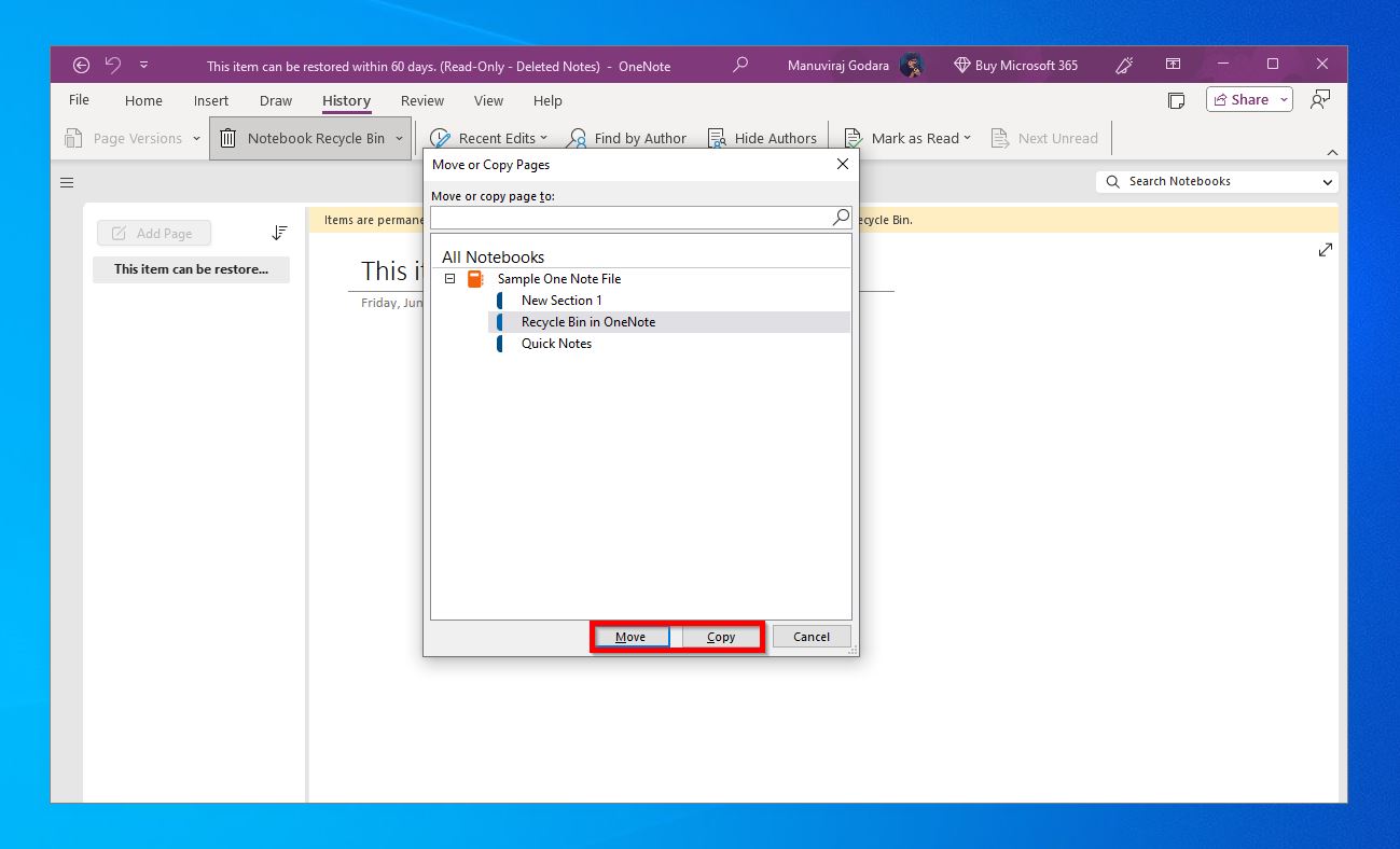 OneNote "Move or Copy Pages"