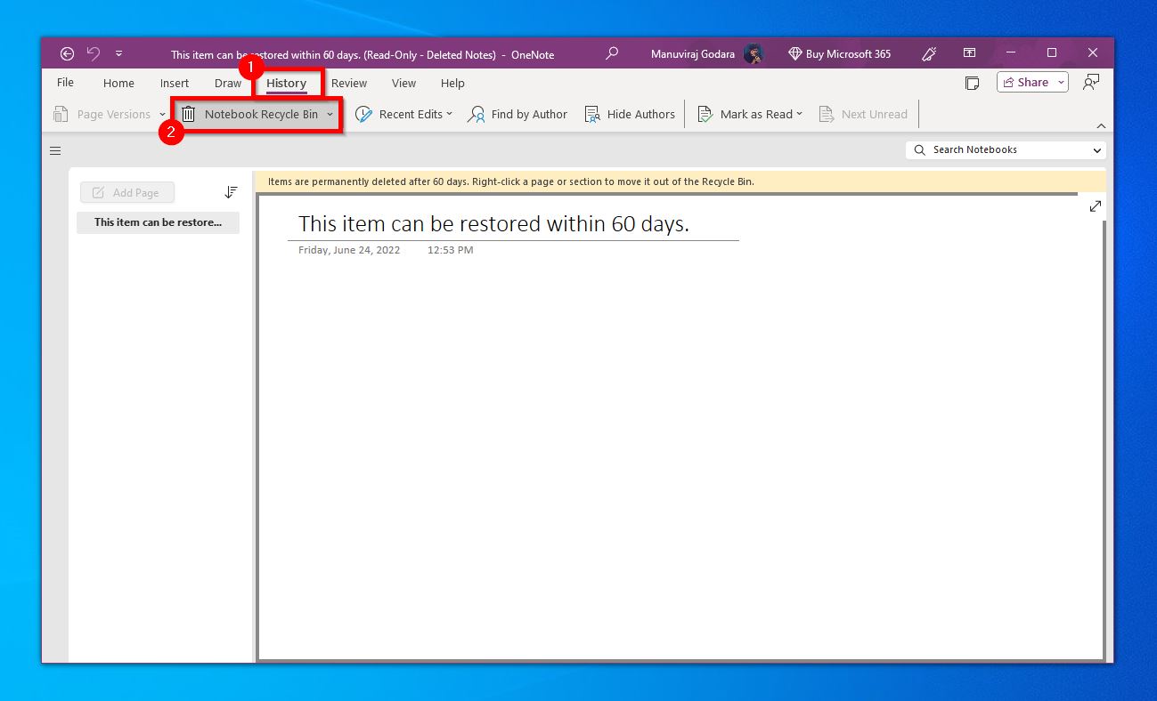 OneNote 'History' tab