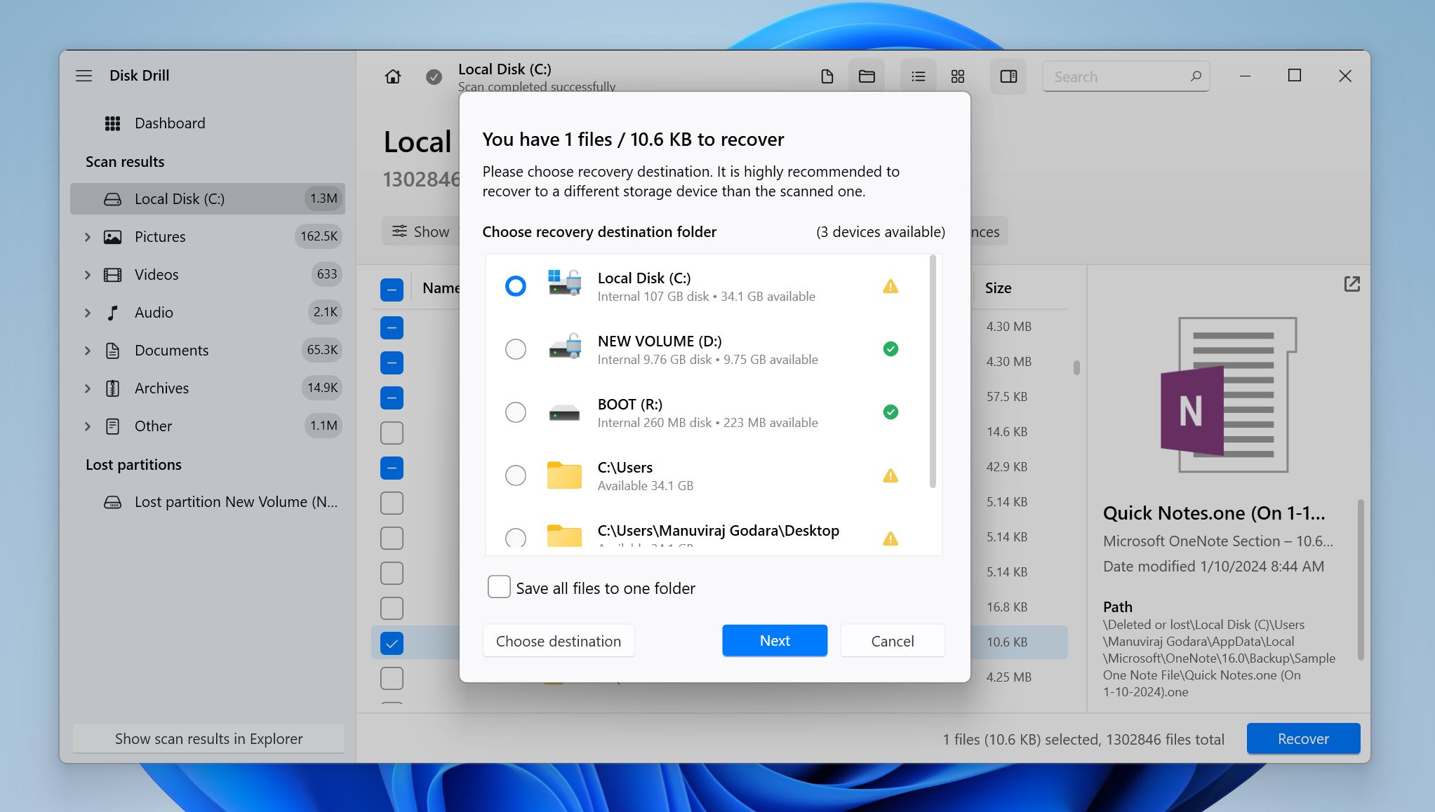 Disk Drill's button to "Choose destination".