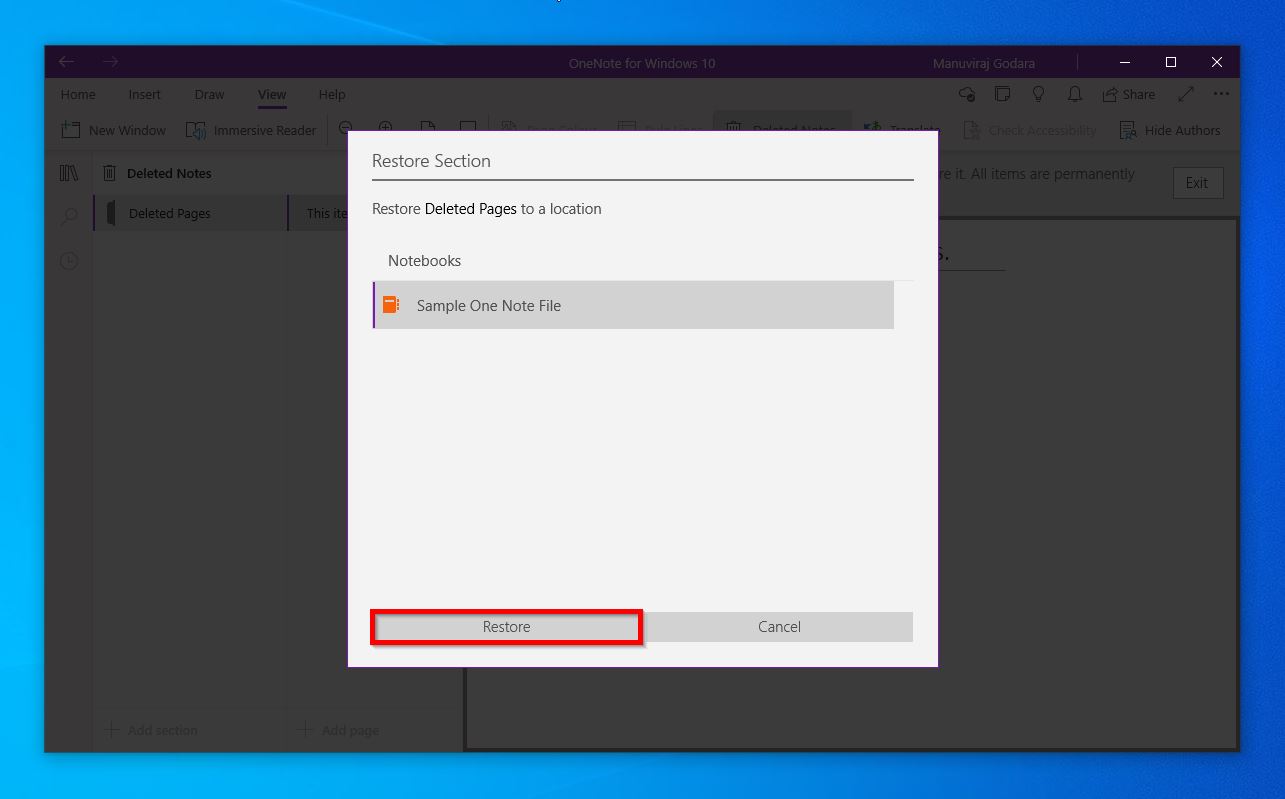 OneNote "Restore Section"