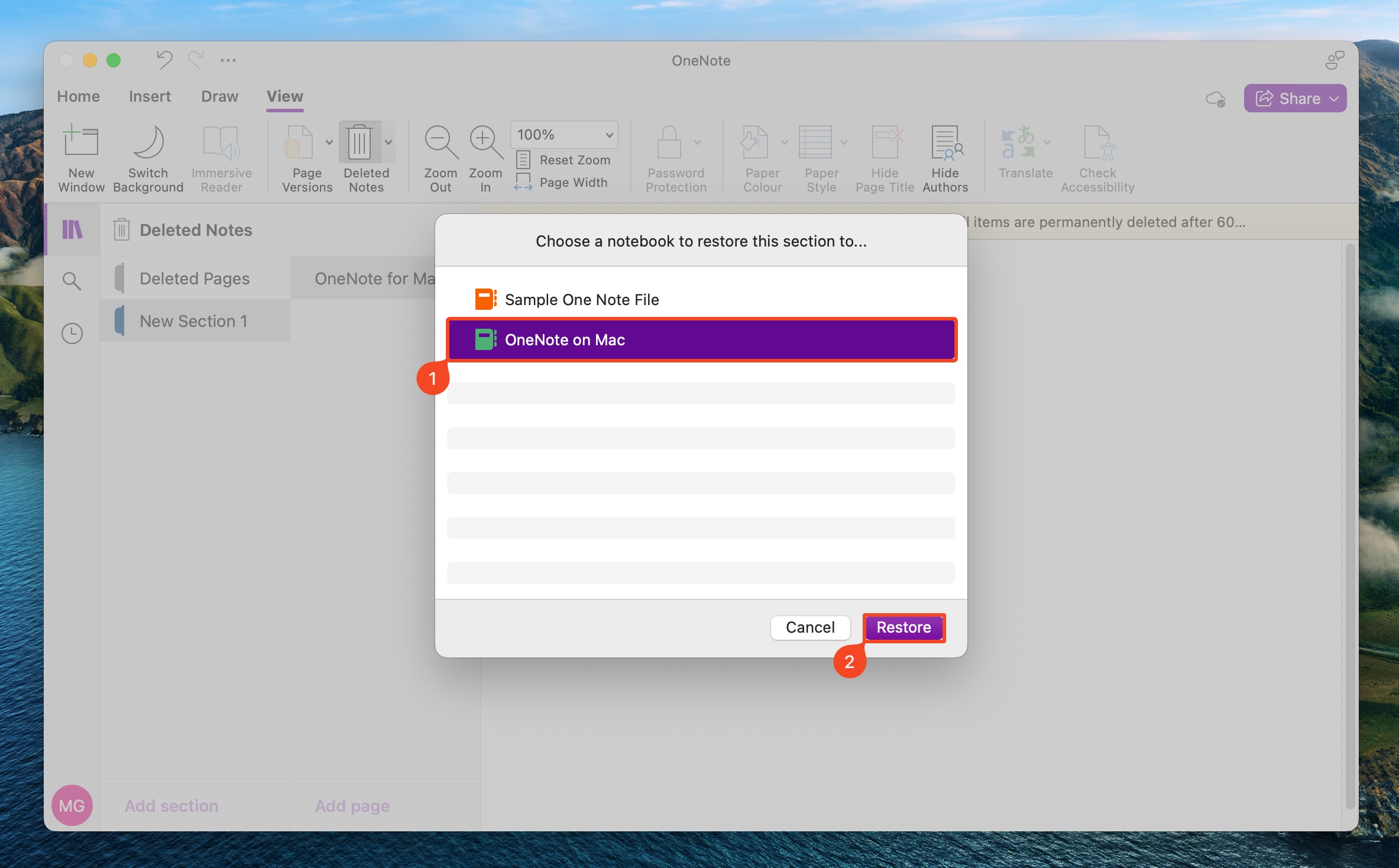  OneNote macOS "Choose a notebook to restore this section to..."