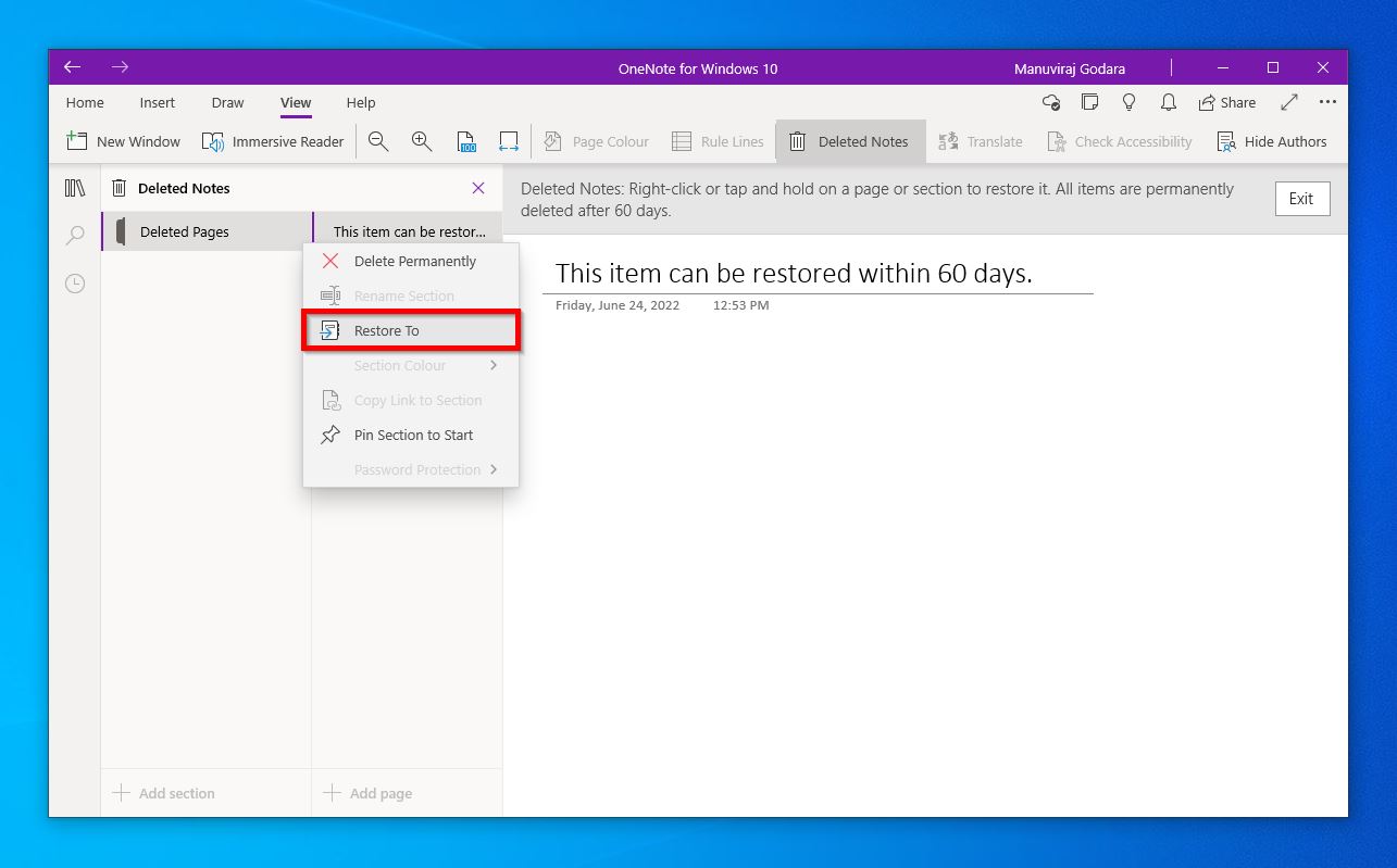 OneNote for Windows "Restore to".