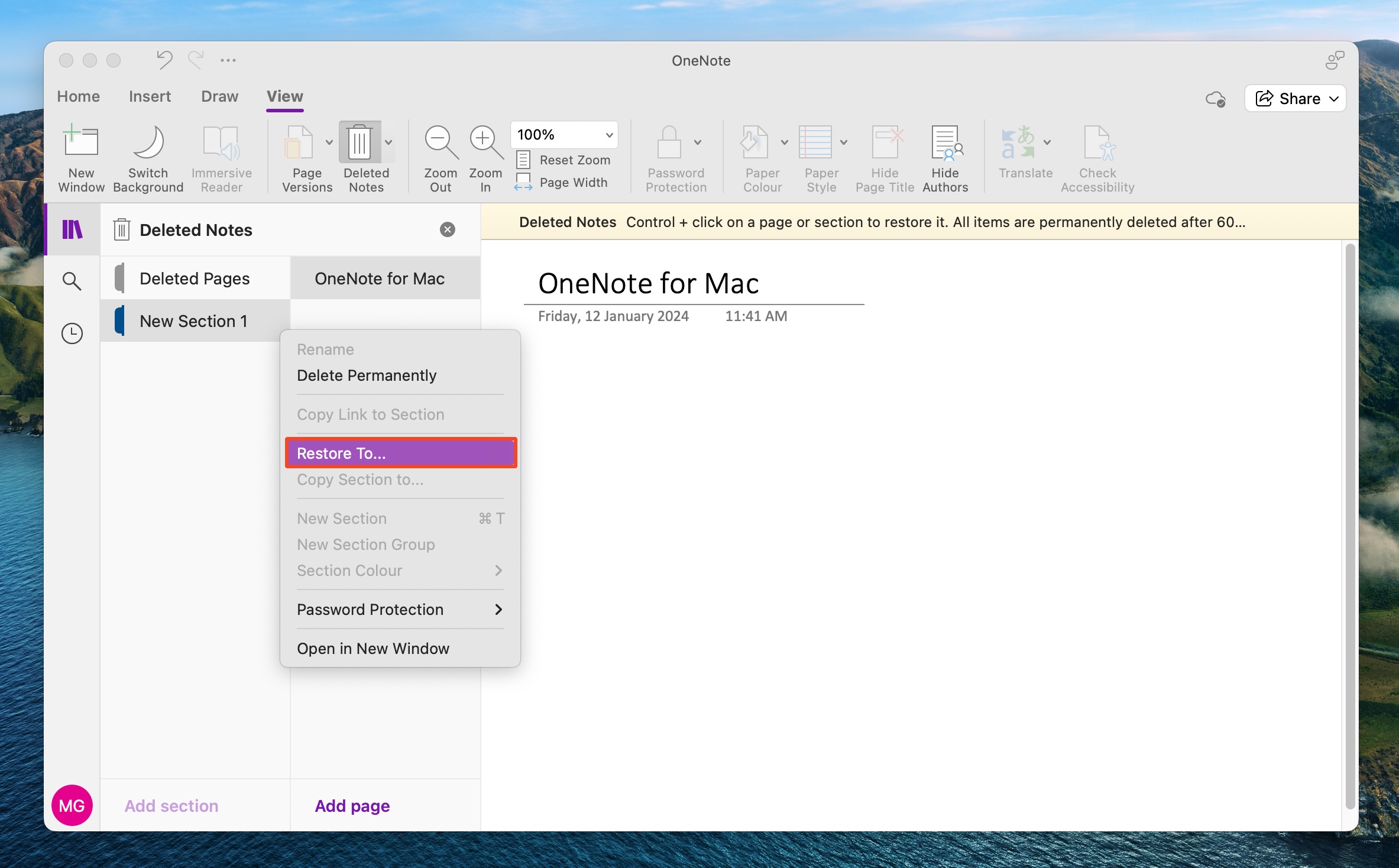 OneNote macOS 'Restore To...'