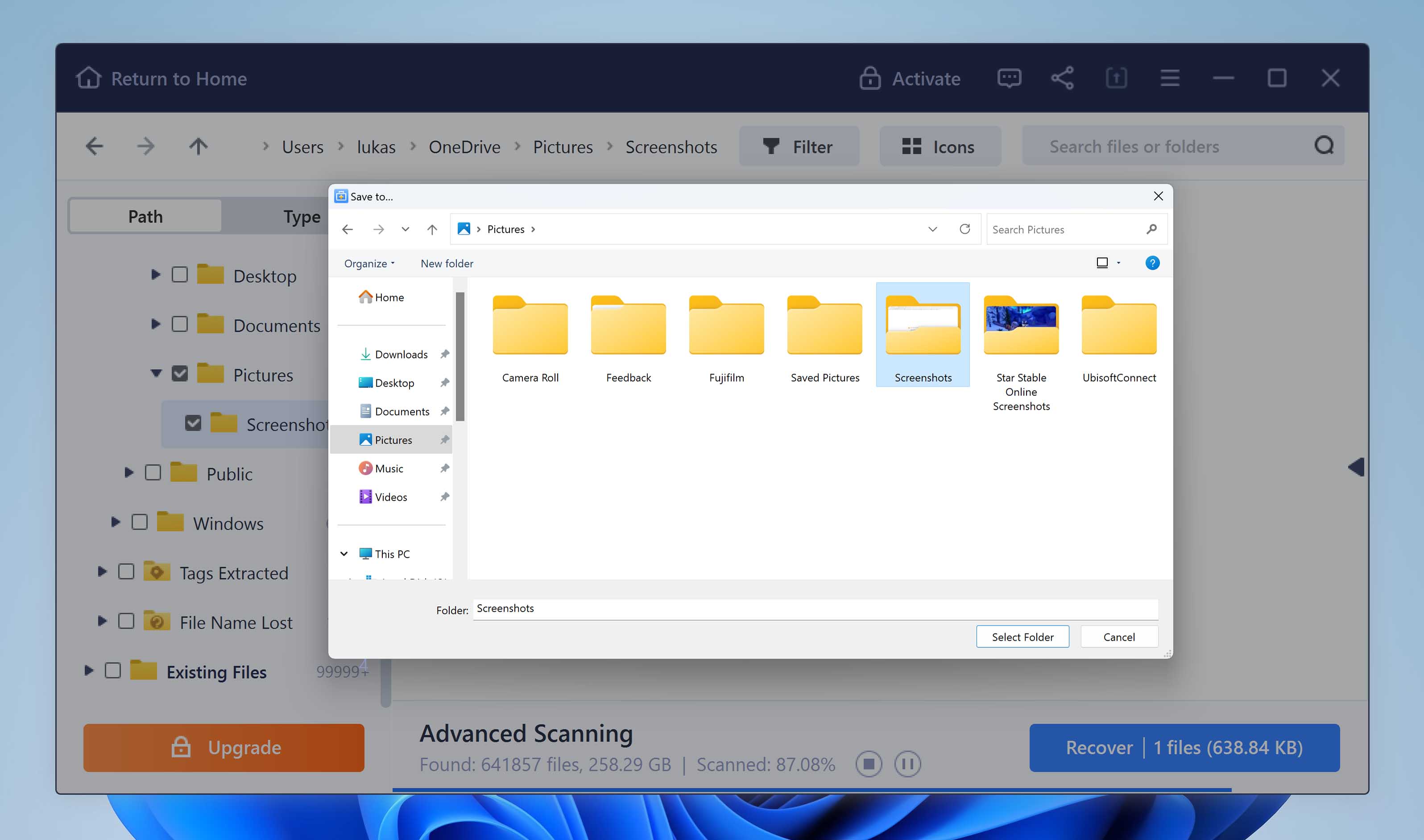 select recovery folder for files in easeus