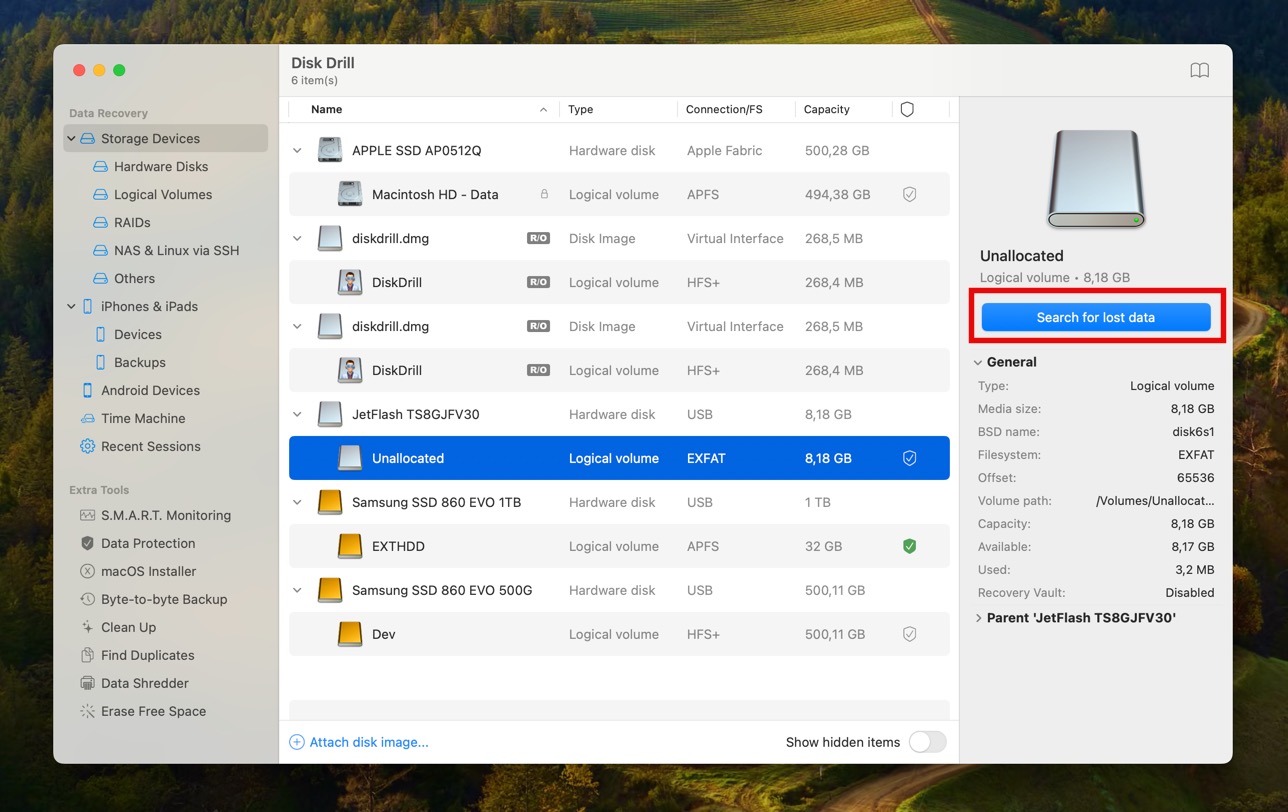 search for lost data unallocated partition