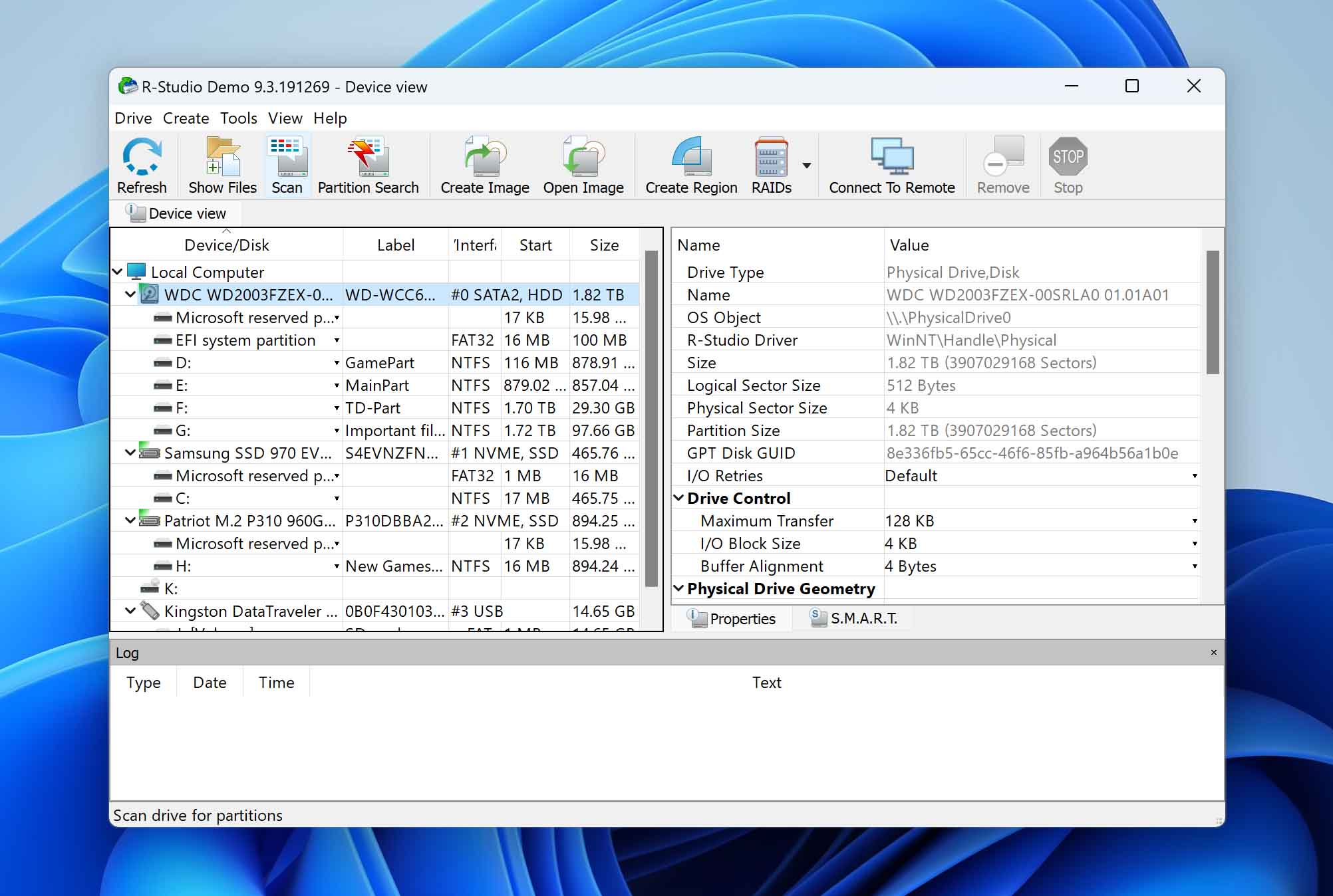 select drive with lost files in r-studio