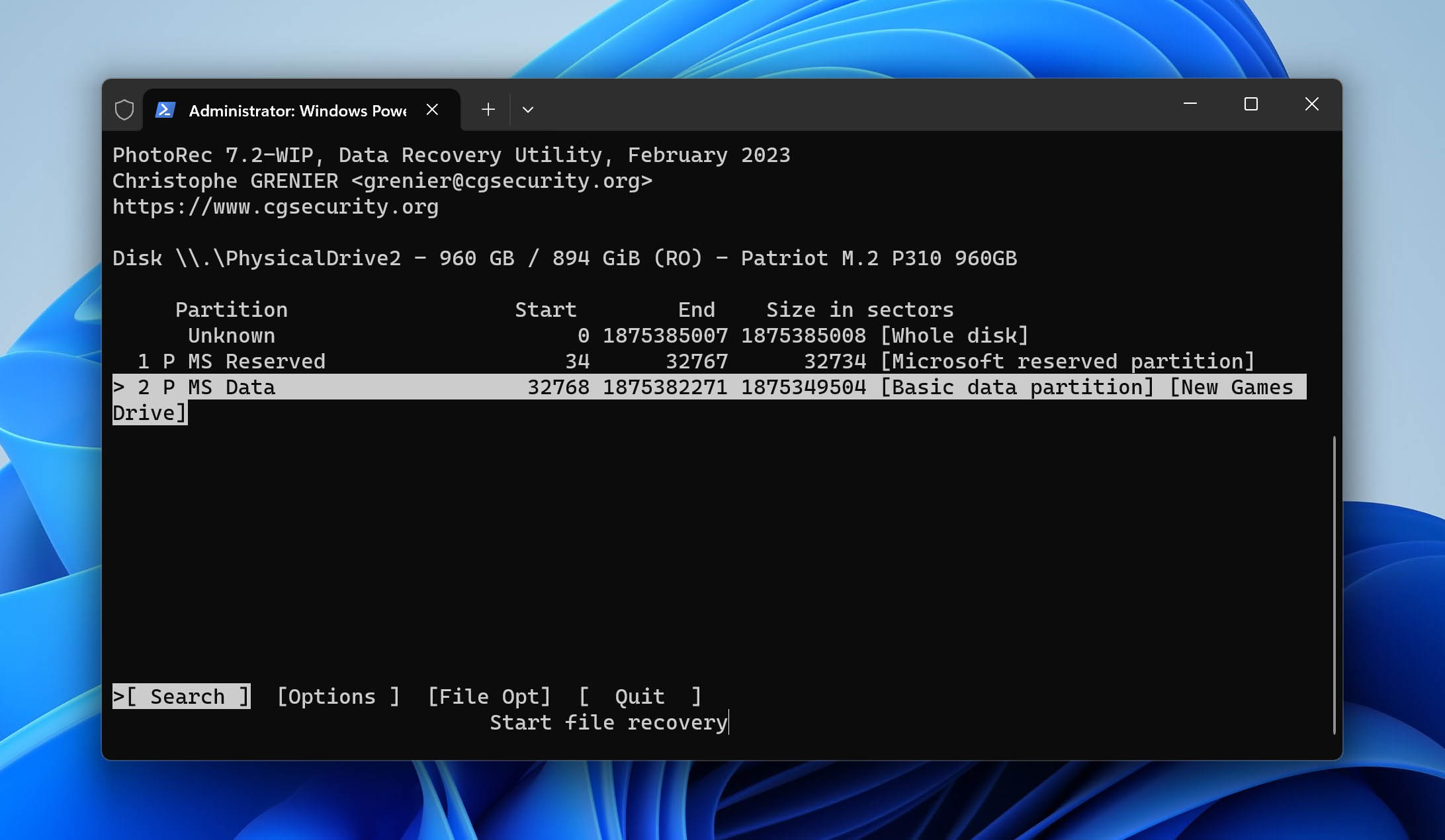 select partition for scan in photorec