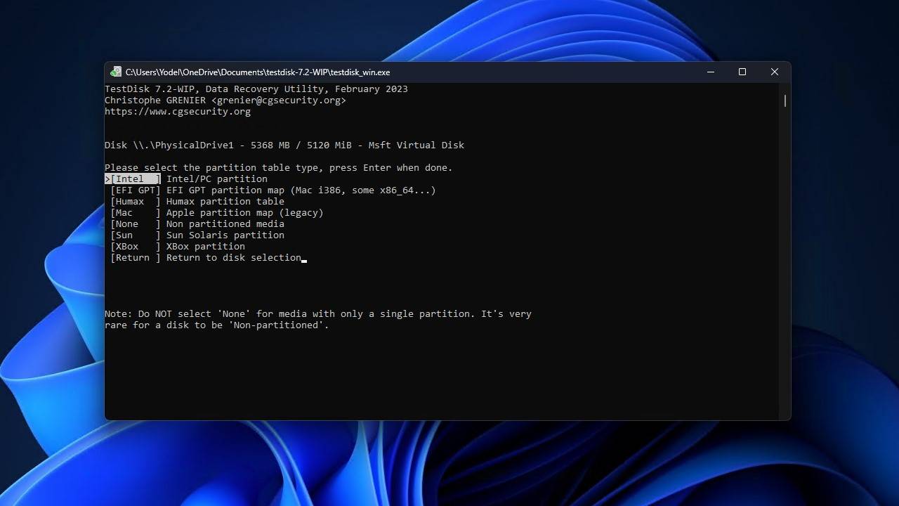 Selecting the partition table type.