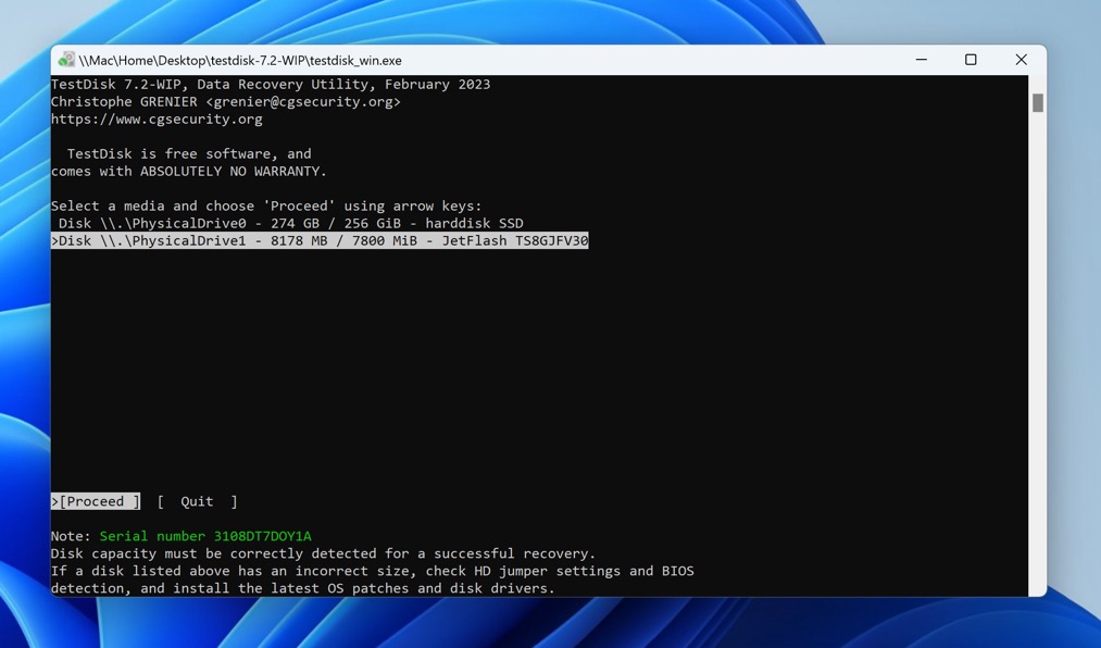 testdisk exfat storage device selected