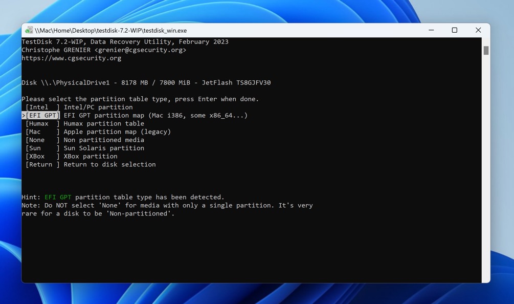 testdisk partition table type select