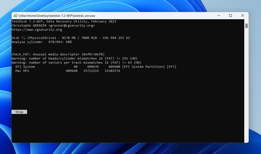 testdisk scan progress of exfat partitions