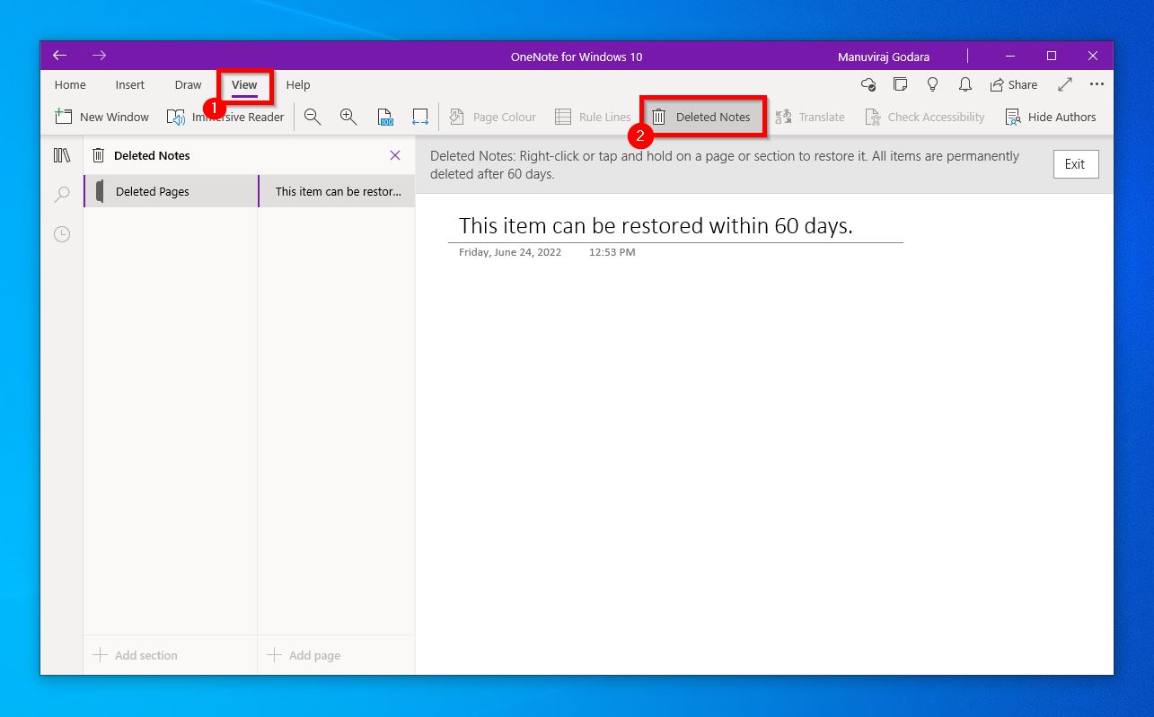 OneNote "View" tab.