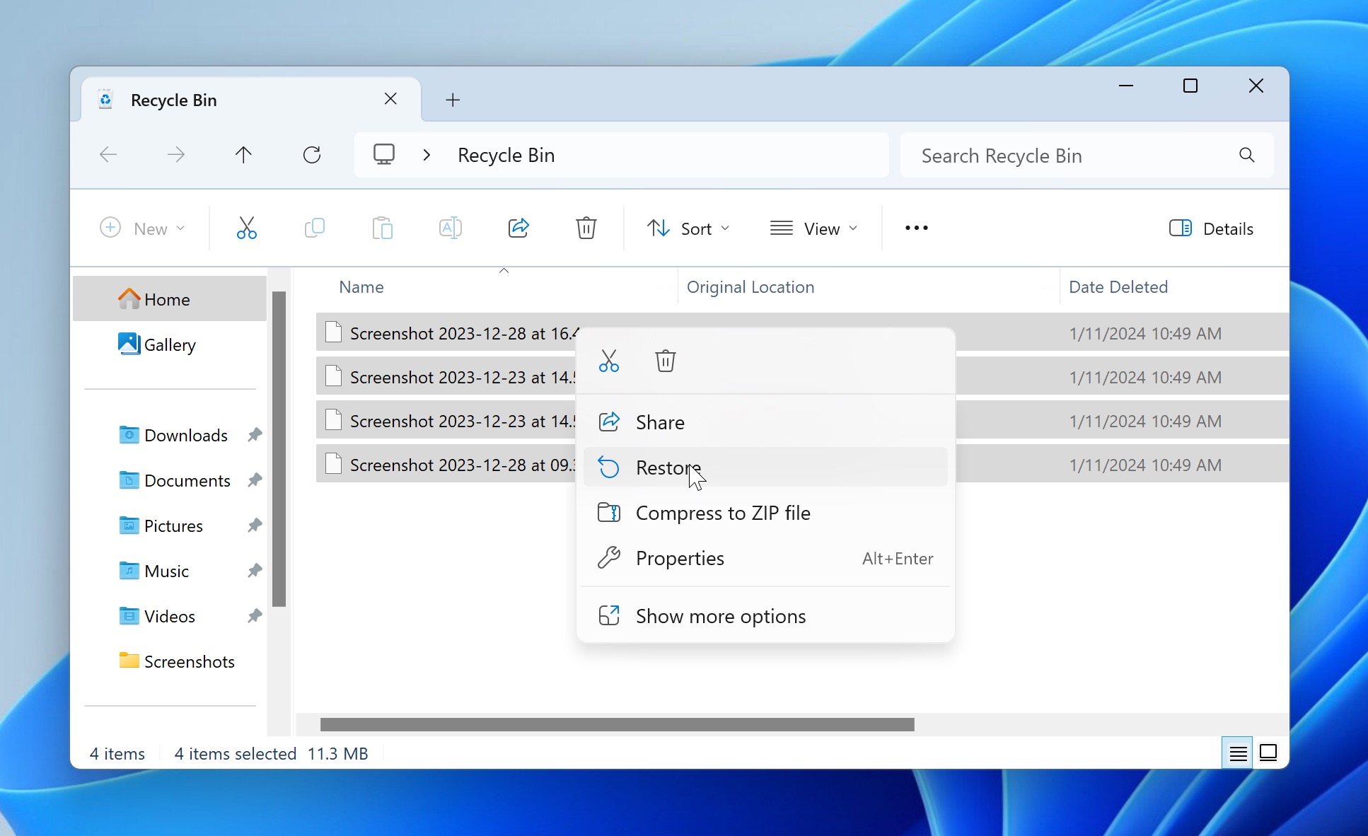 windows 11 recycle bin restore option in context menu highlighted