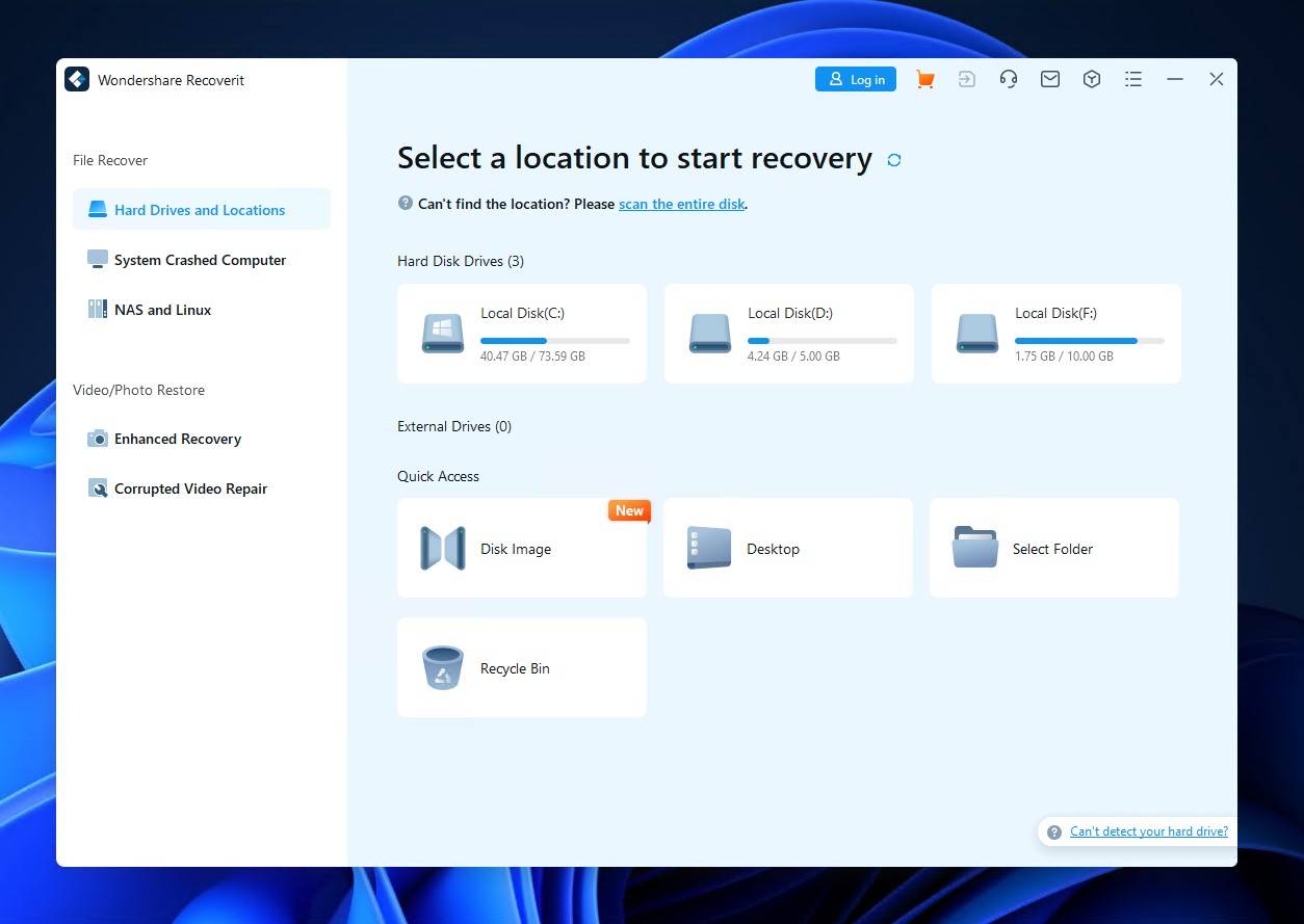 Wondershare Recoverit user interface.