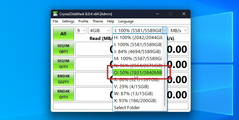 CrystalDiskMark Device Selection