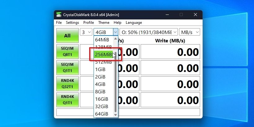 Selecting amount of data in CrystalDiskMark