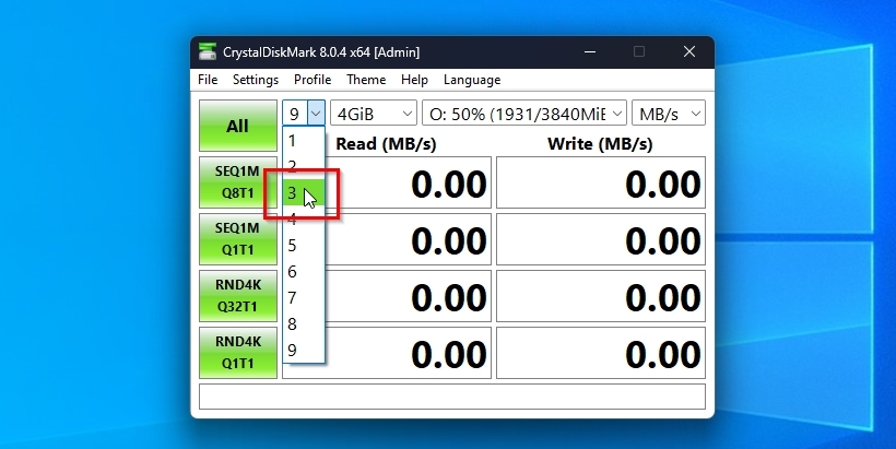 CrystalDiskMark Selecting Number Of Tests