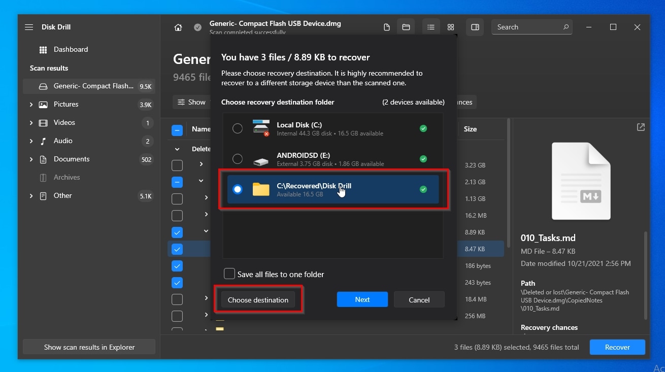 Disk Drill Choose Recovery Destination