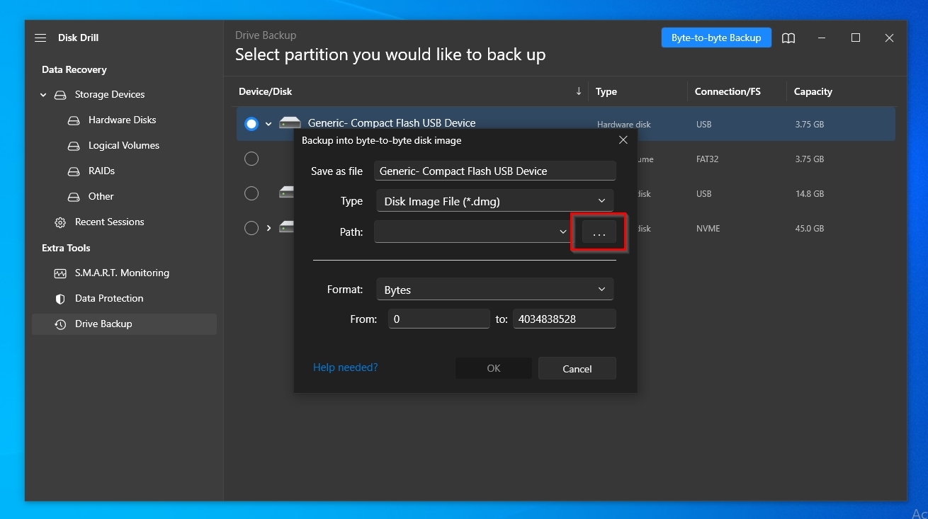 Disk Drill Select Target Path