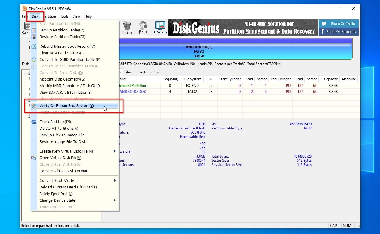 DiskGenius' Verify Bad Sectors menu entry