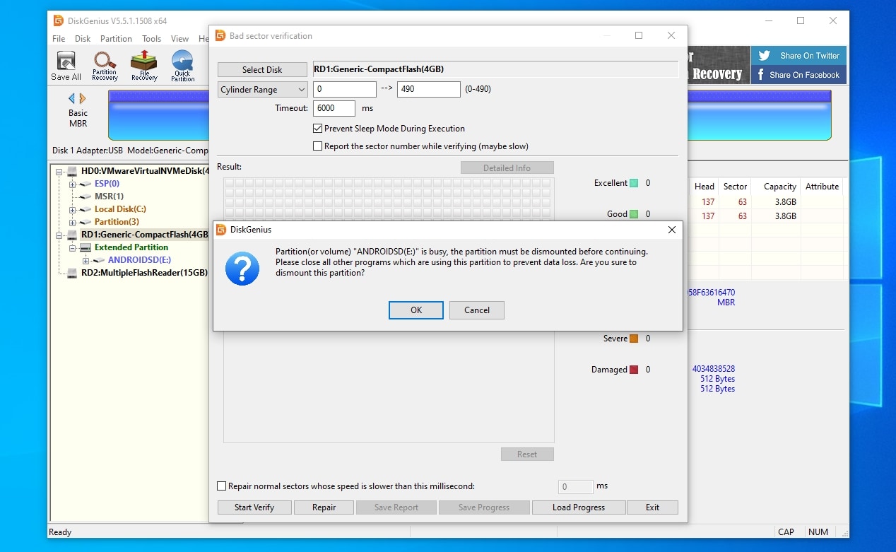 DiskGenius prompt to dismount partition