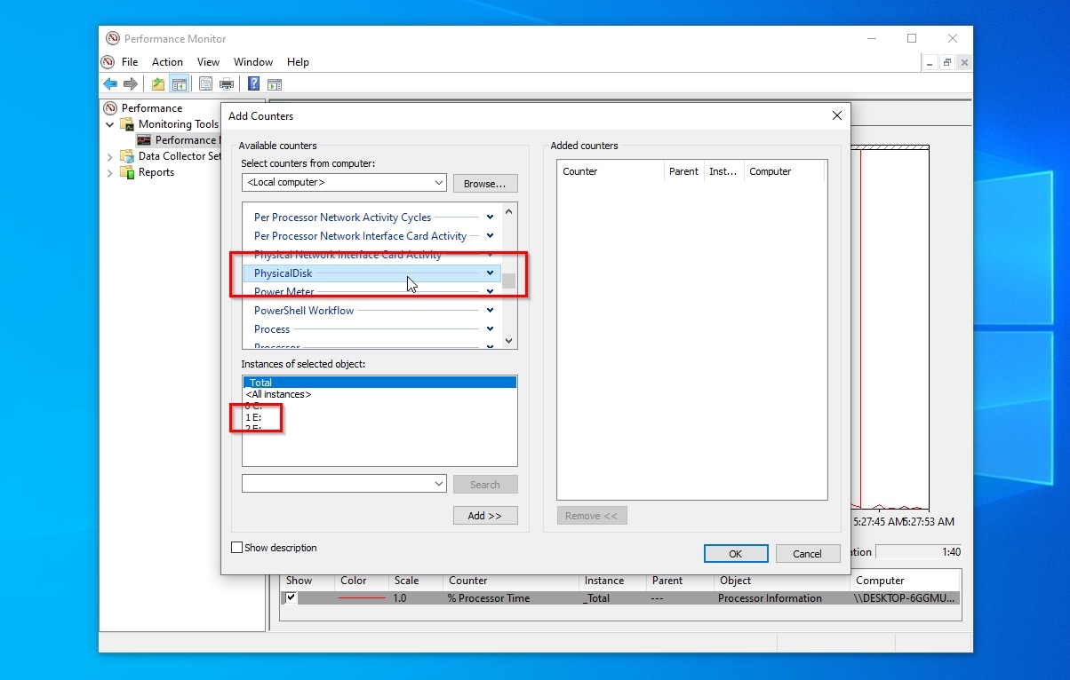 Selecting SD card and its PhysicalDisk Counters