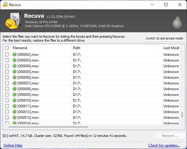 Recuva recovered file browser interface