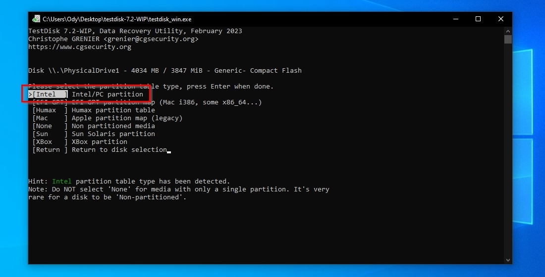 TestDisk Partition Table Type