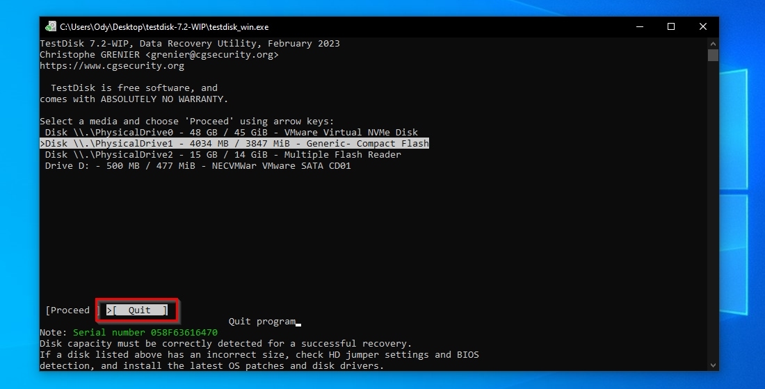 TestDisk Quit To Exit
