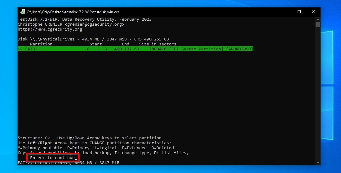 TestDisk partition selection