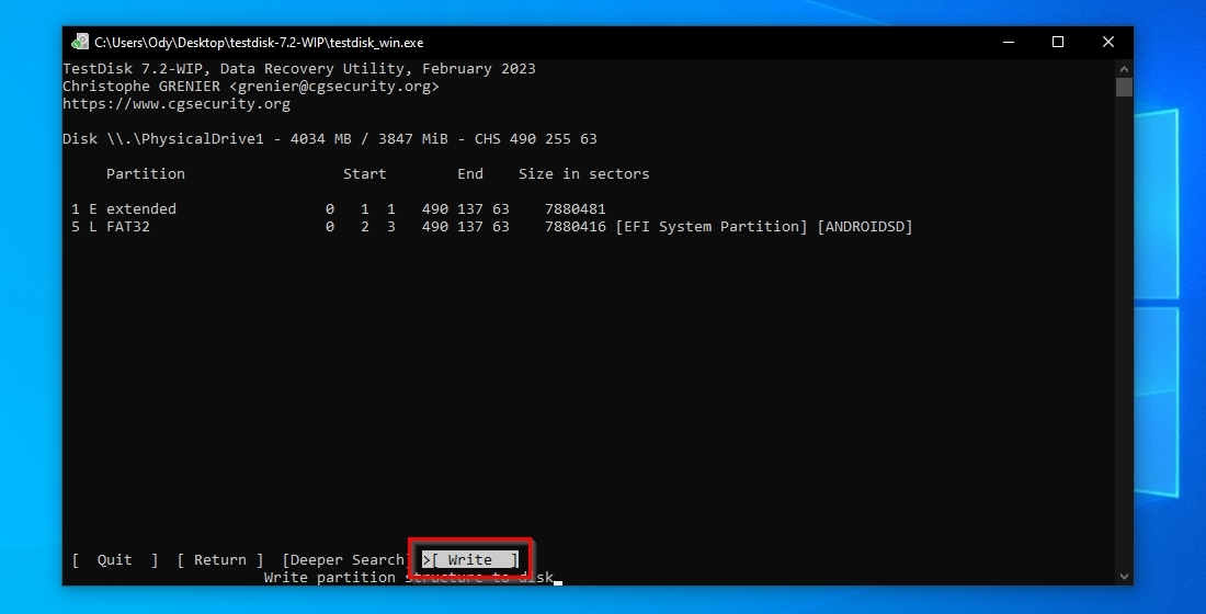 TestDisk Write Partition Table