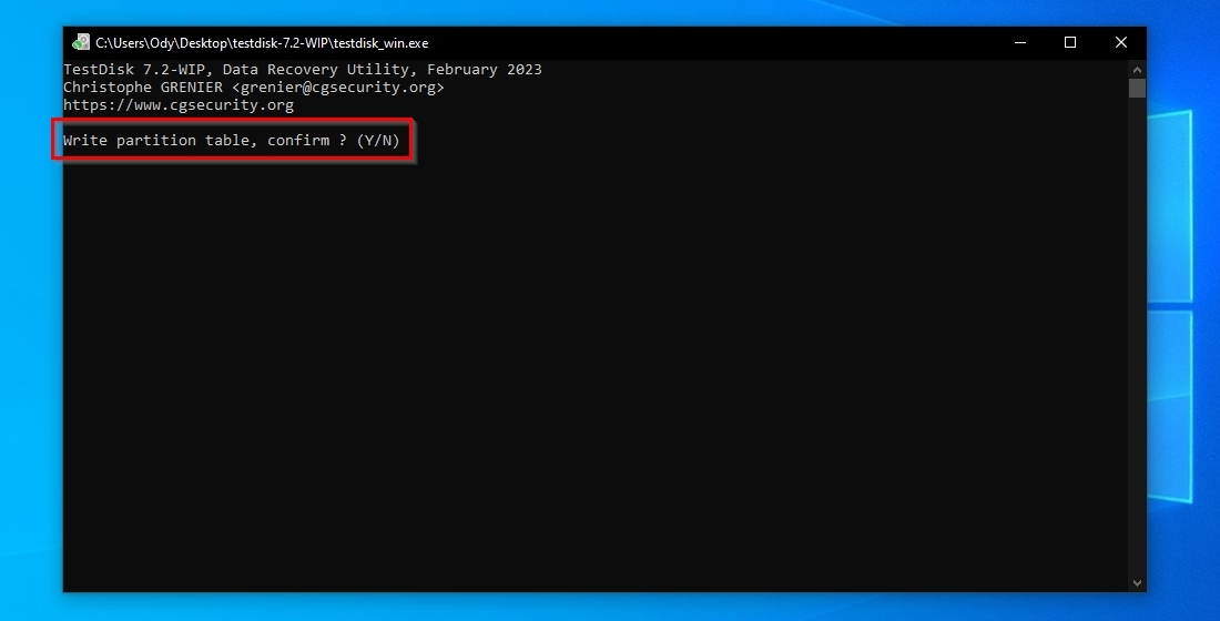 TestDisk Write Partition Table Confirmation