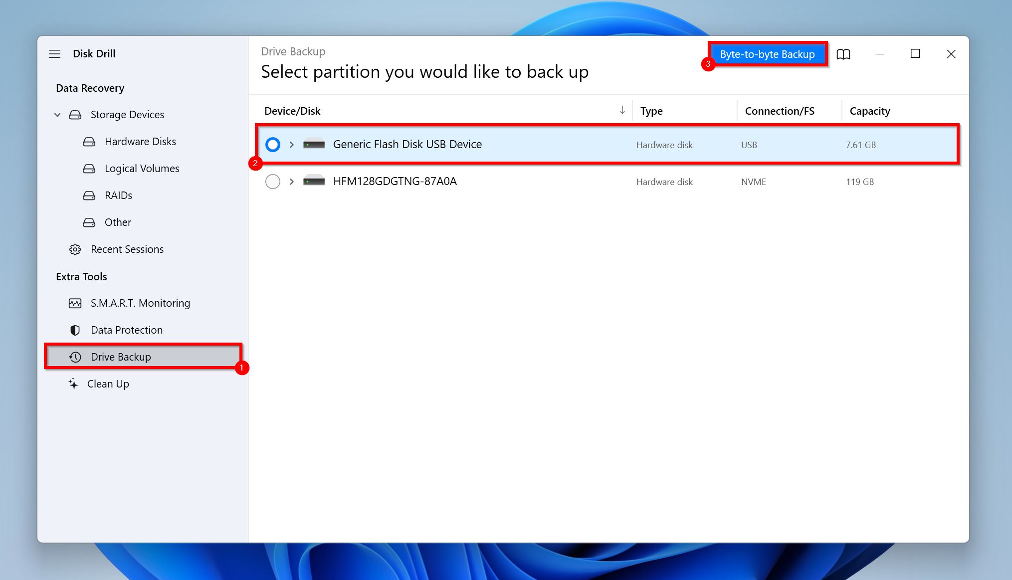 Byte-to-byte Backup screen in Disk Drill.