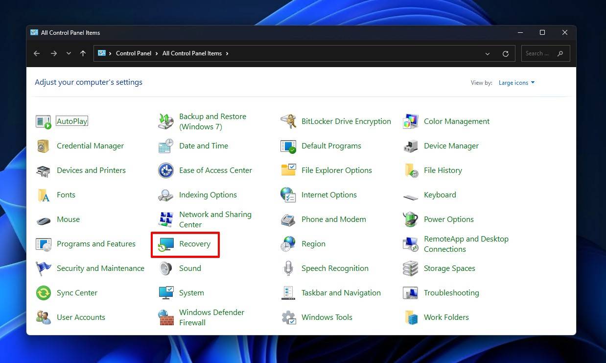Opening the Recovery section of Control Panel.