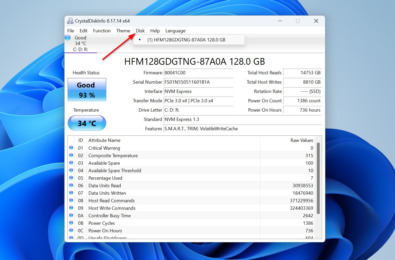 Disk option in CrystalDiskInfo.