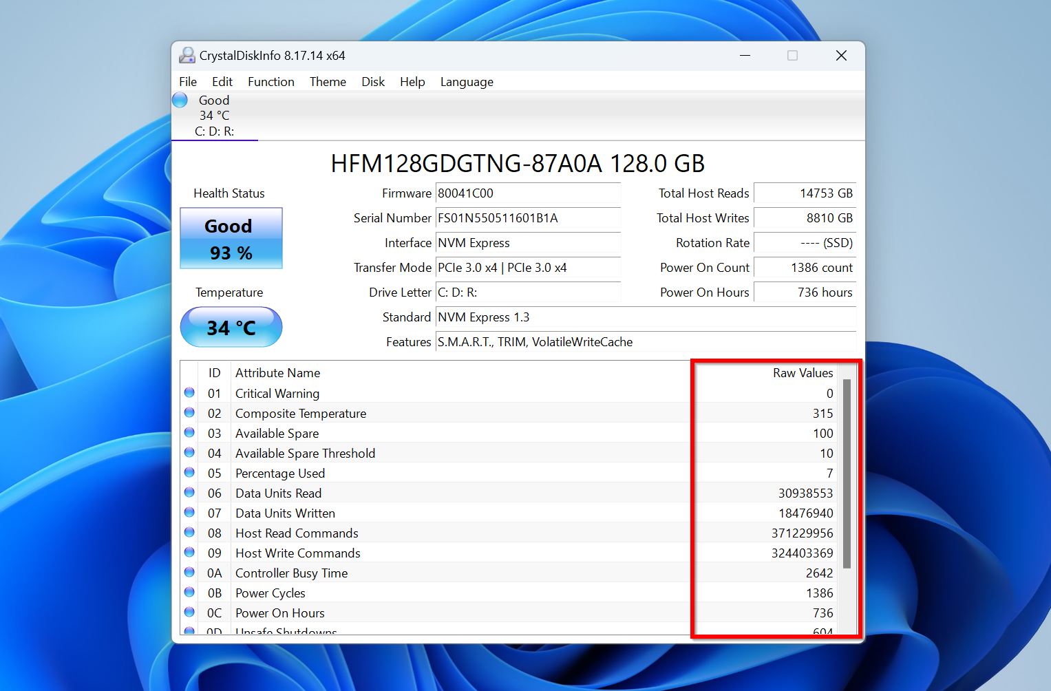 RAW values column in CrystalDiskInfo.