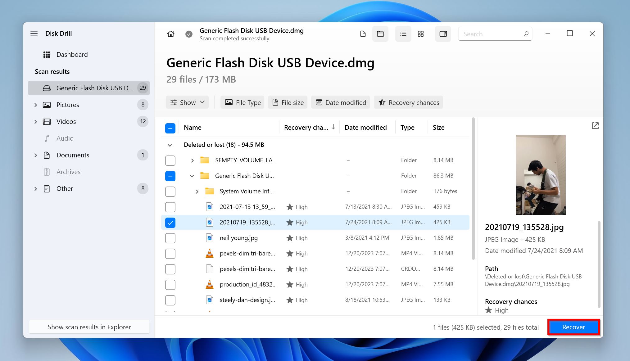 List of recoverable files in Disk Drill.