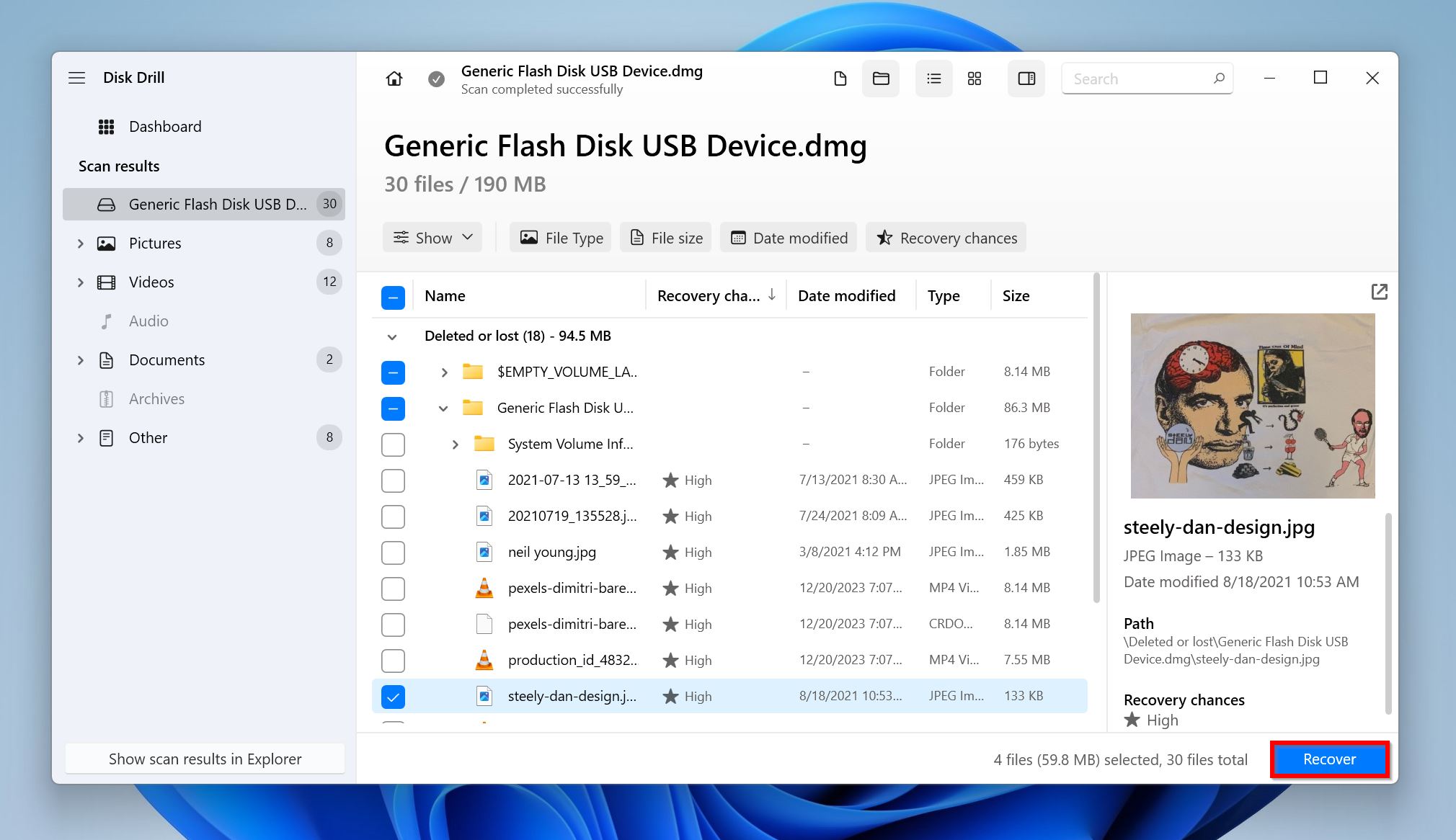 List of recoverable files in Disk Drill.