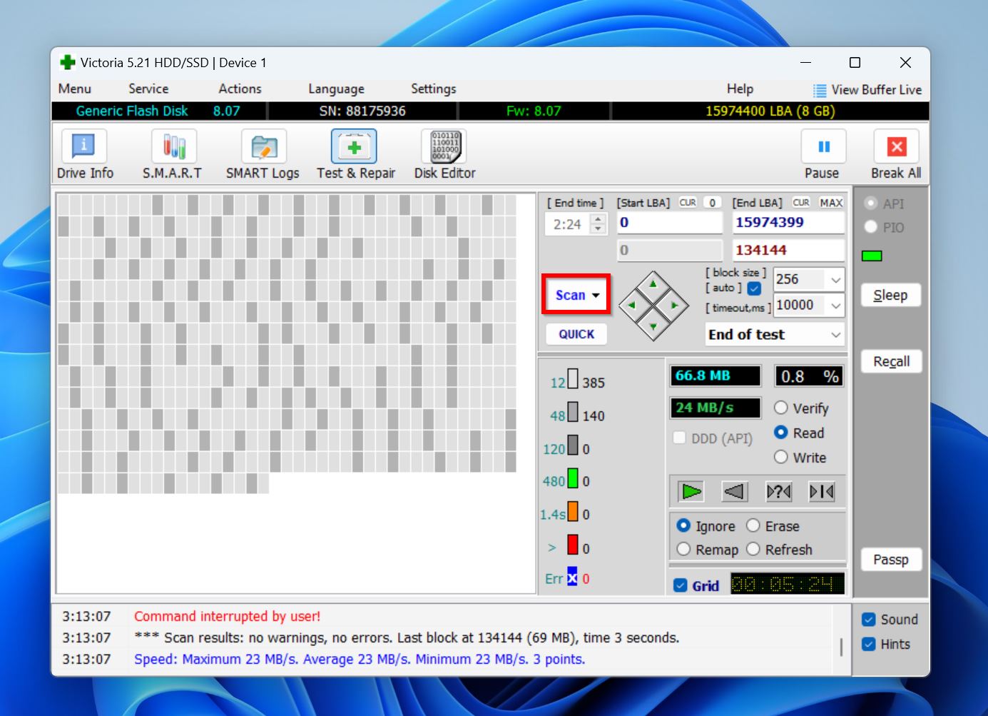 Scan option in Victoria HDD/SSD.