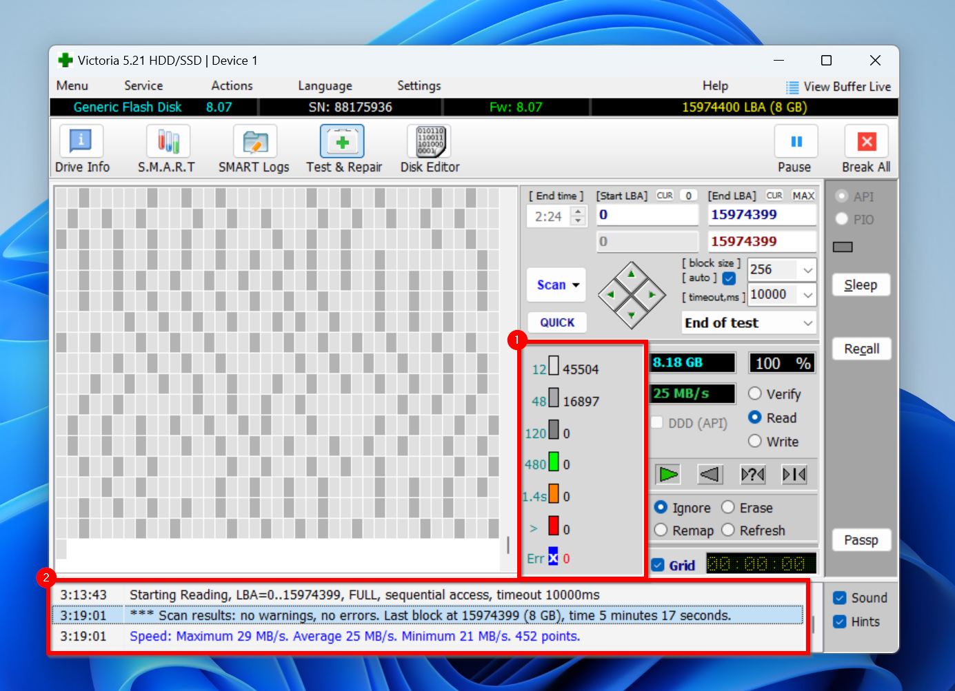 Scan results in Victoria HDD/SSD.