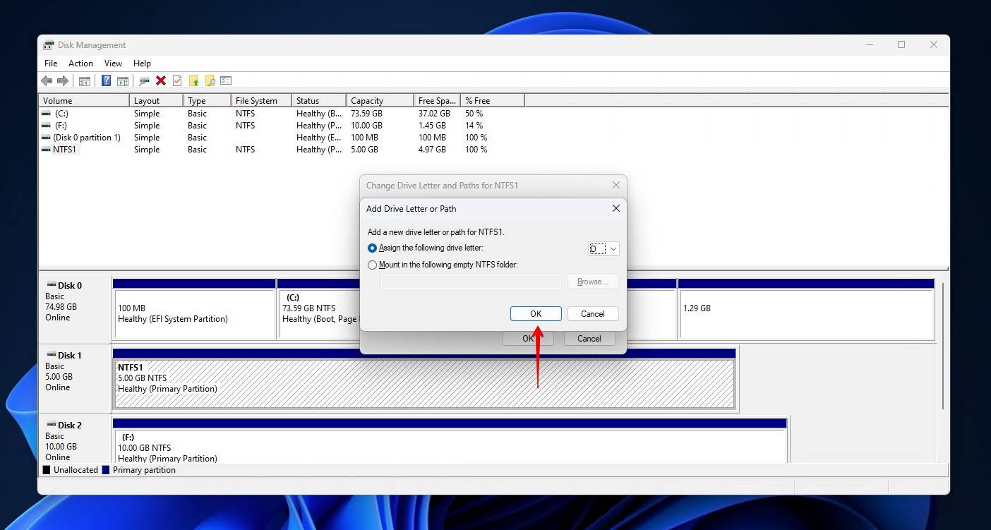 Selecting the drive letter.
