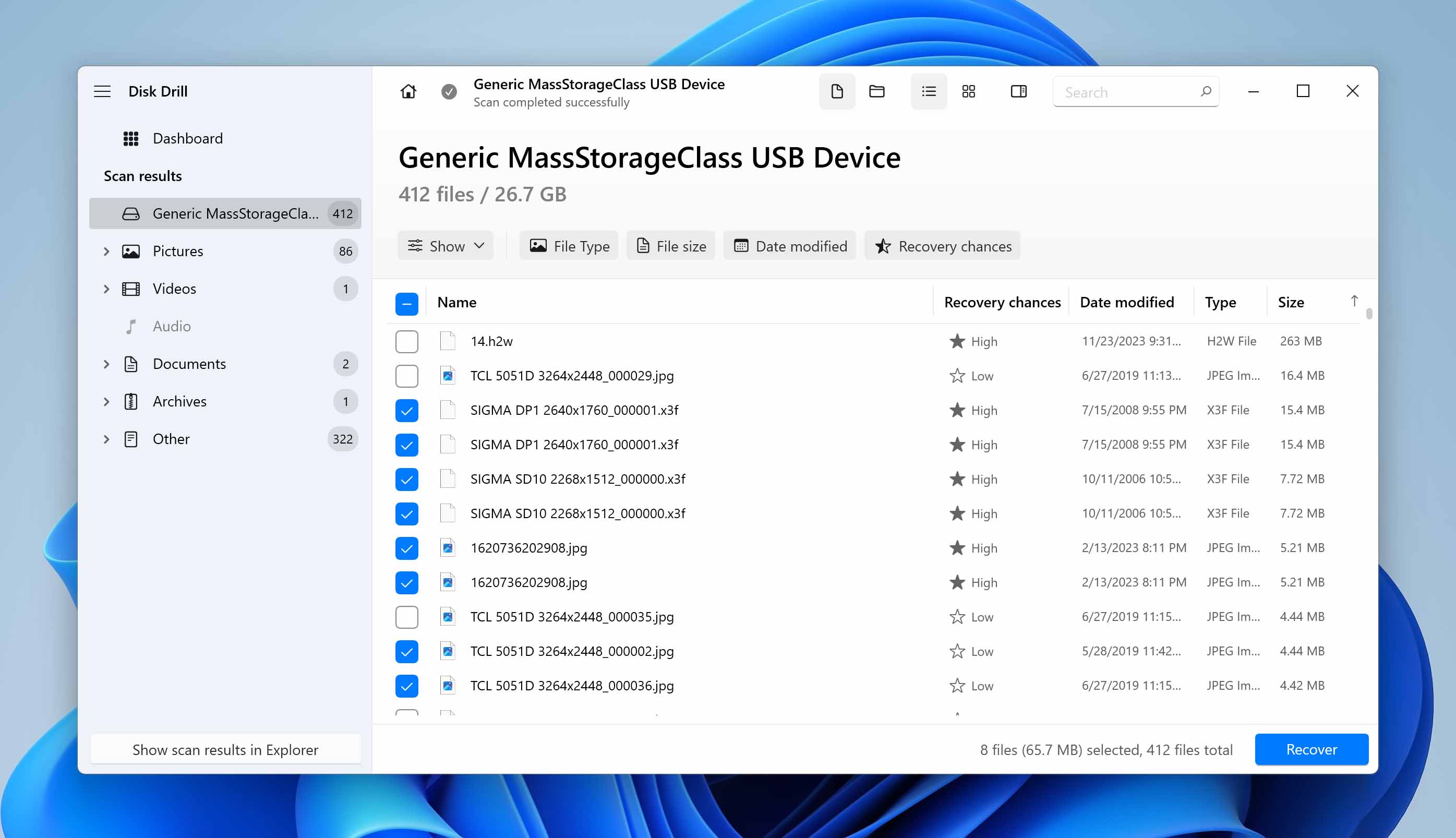 Select files for recover and click recover button