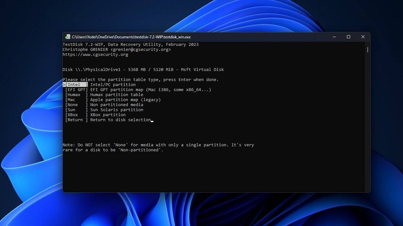 Selecting the partition table type.