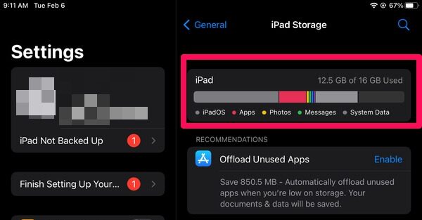 settings ipad storage