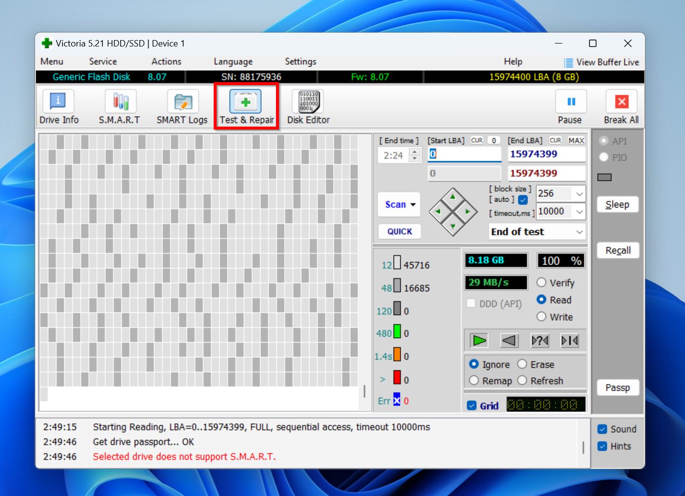 Test and Repair option in Victoria HDD/SSD.