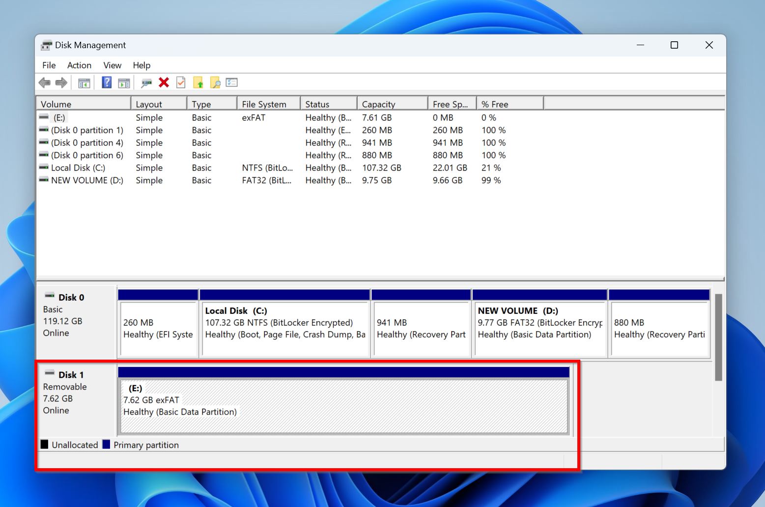 List of drives in Disk Management.