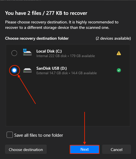 Disk Drill destination selection menu